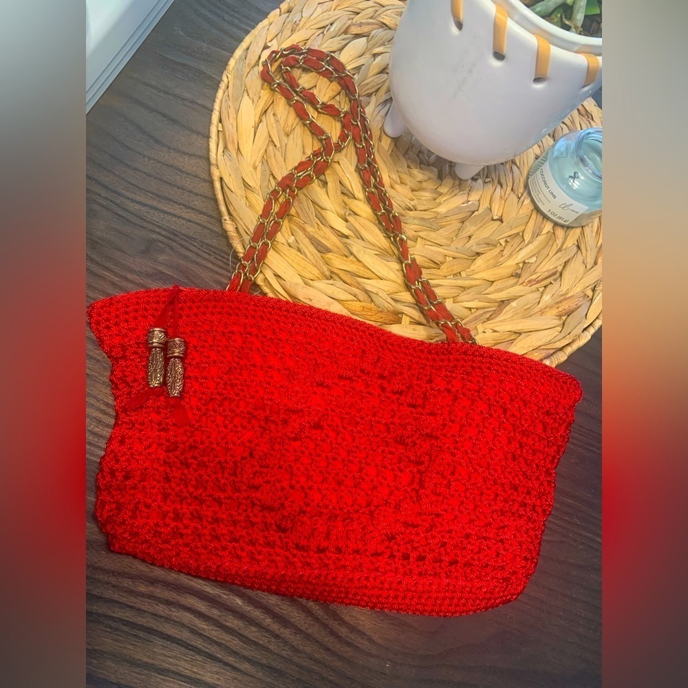 Handcrafted Red Crochet Bag suede chain strap boho y2k knit fall casual  purse